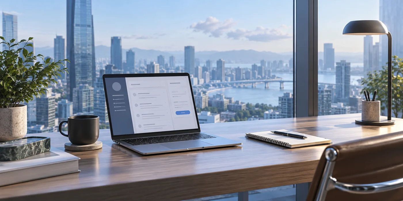 A sunlit desk with a laptop and notebook overlooking the city.