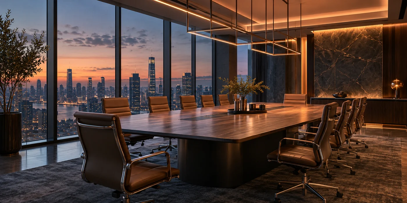 A warm boardroom overlooking the city skyline at dusk.