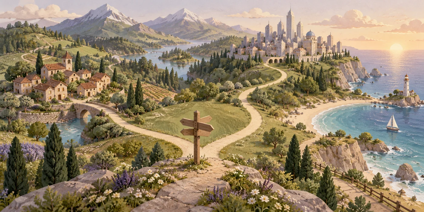 An illustrated landscape with paths branching toward a town, a city and the coast.